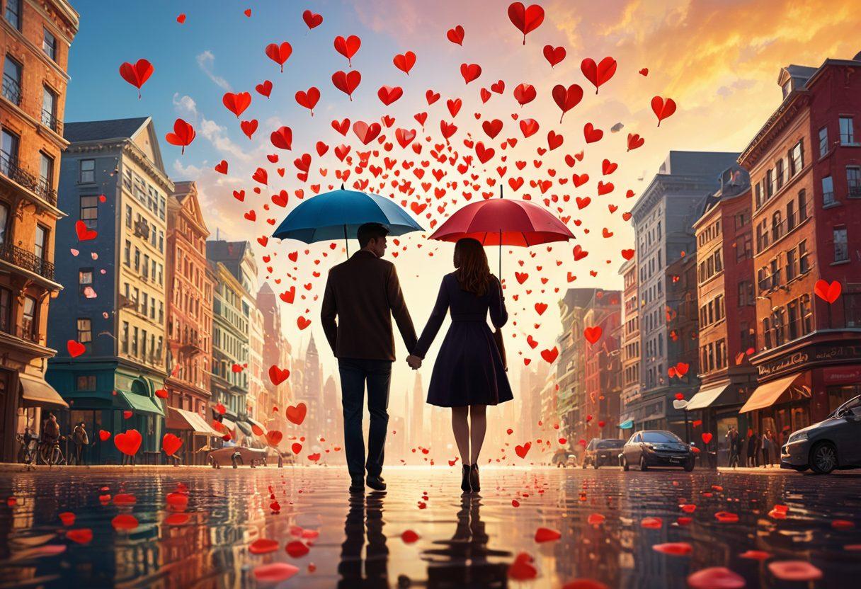 A serene couple holding hands, surrounded by floating insurance icons like umbrellas and hearts, symbolizing protection and love. In the background, a vibrant cityscape representing financial growth and future stability. Soft sunlight casting a warm glow on them, creating an inviting atmosphere. super-realistic. vibrant colors.