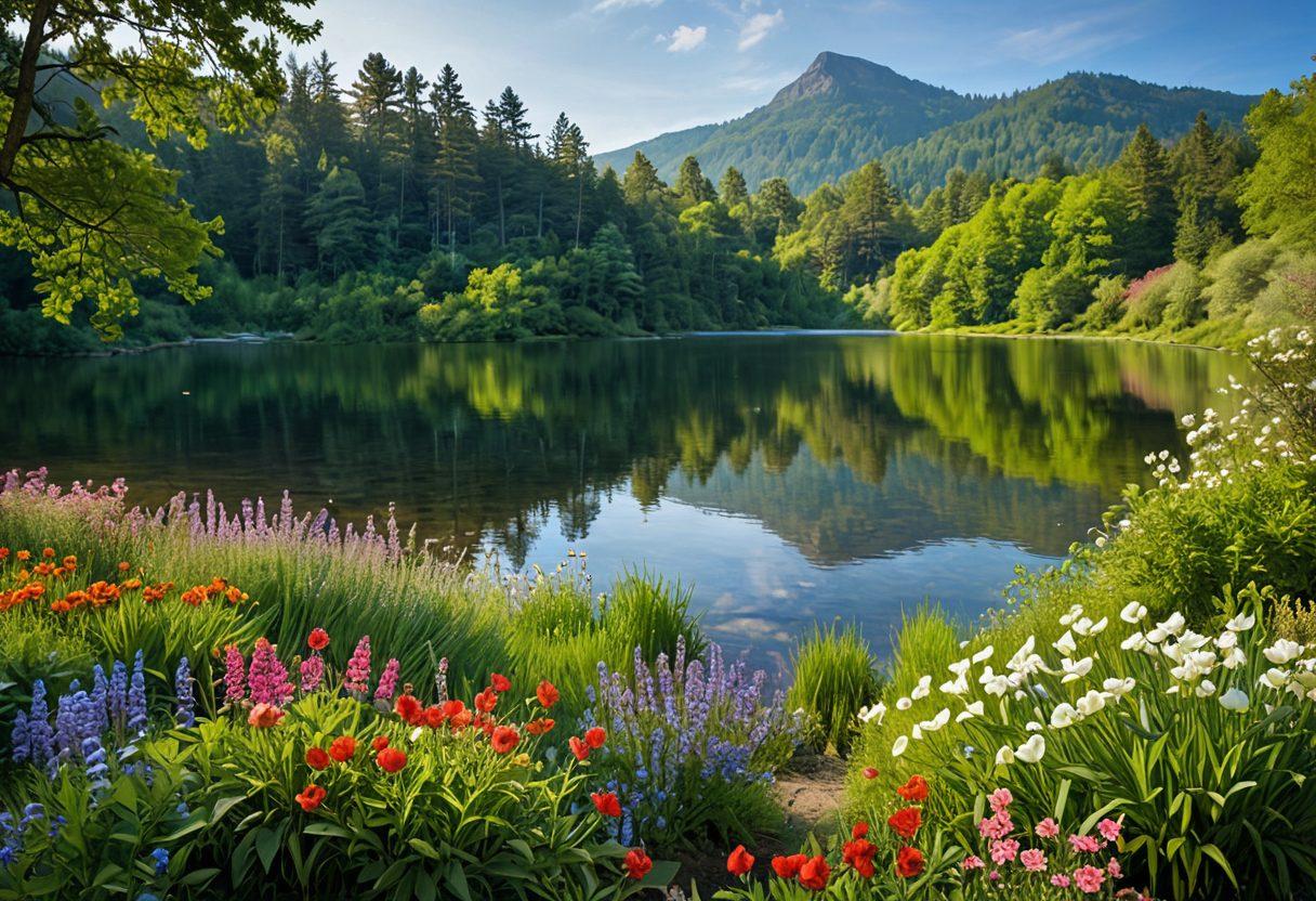 A serene landscape showcasing a vibrant heart-shaped shield surrounded by blooming flowers and a calm, reflective lake, symbolizing emotional protection. Include soft sunlight filtering through lush trees, creating a warm atmosphere that evokes feelings of safety and well-being. The background features gentle hills and a clear blue sky, emphasizing harmony and peace. super-realistic. vibrant colors. soft focus.