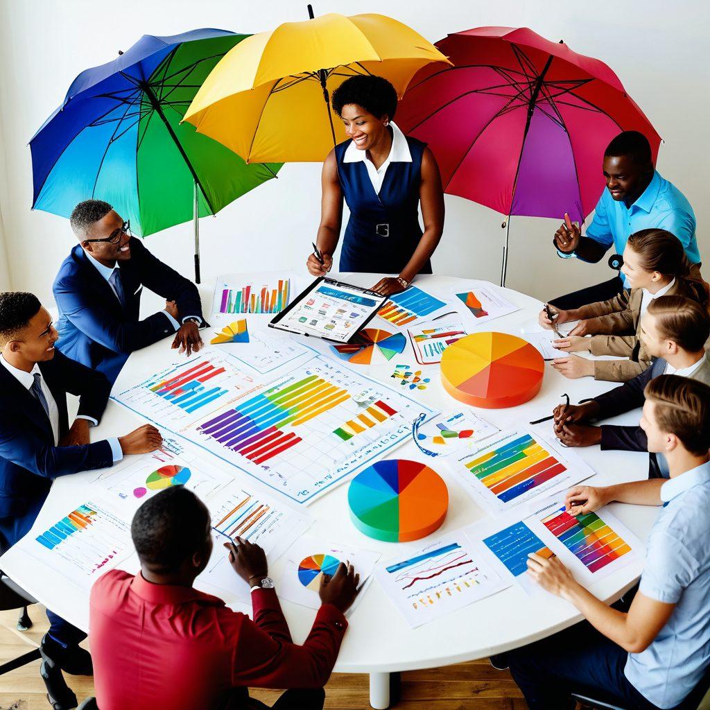 A diverse group of people sitting around a large table, discussing insurance policies with charts and graphs illustrating financial security. Visual elements include a protective umbrella symbolizing insurance, a piggy bank, and family photos to represent safeguarding loved ones' futures. The setting is bright and optimistic, conveying a sense of partnership and trust. super-realistic. vibrant colors. white background.